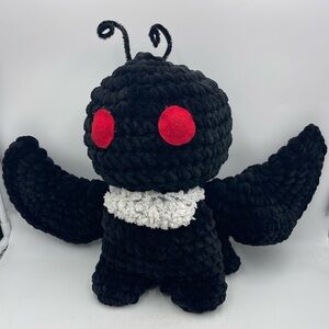 Mothman 16” Black Chunky Crochet Plush Toy with 18” Wing Spans and Red Felt Eyes